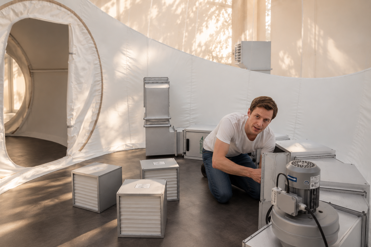 A person attending to the air-handling equipment inside the enclosure