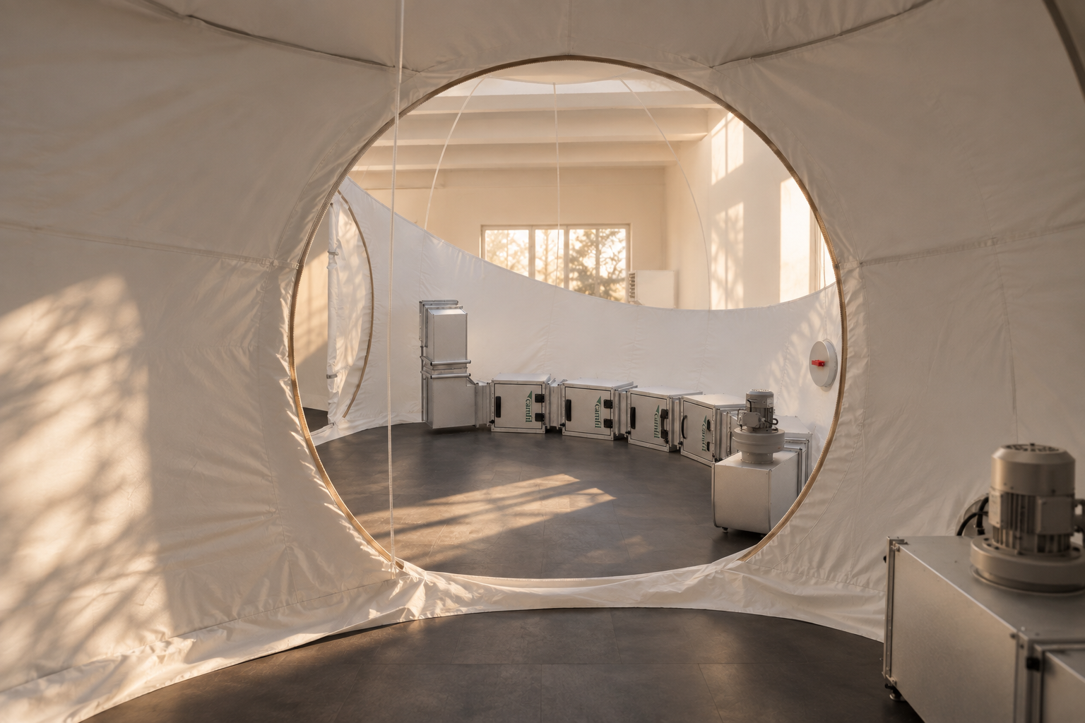 A circular fabric entrance framing the warm interior of Fønix