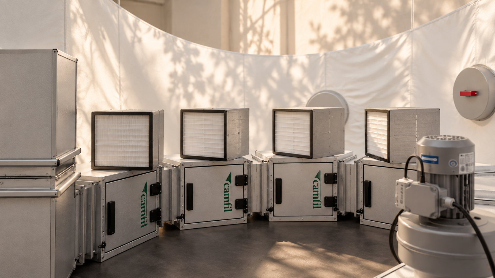 Air filtration equipment with open filter housings