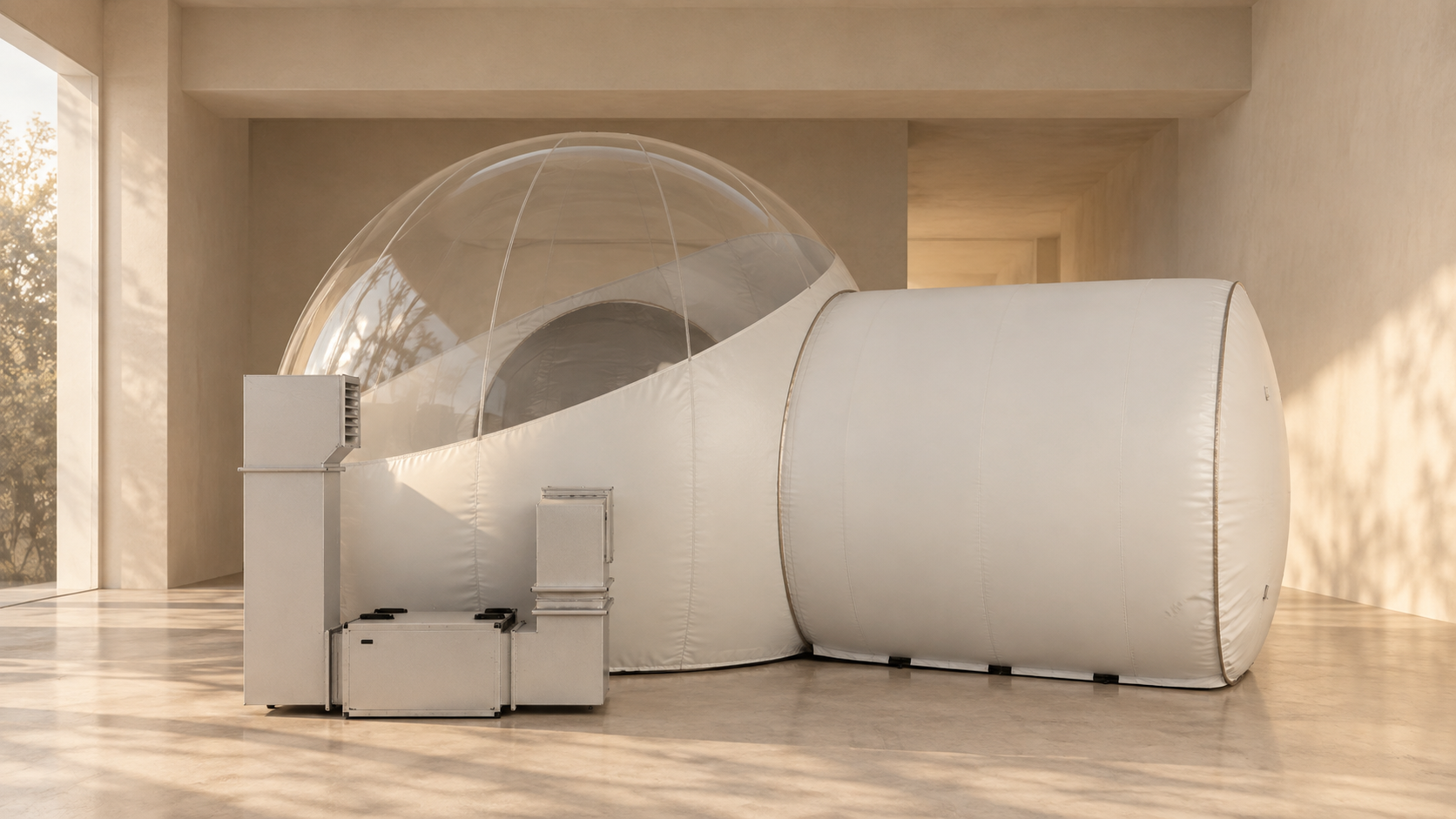 The sculptural white Fønix enclosure in a sunlit architectural space