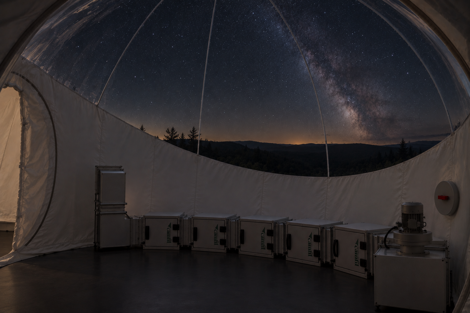 The Fønix interior under a dark, star-filled night sky